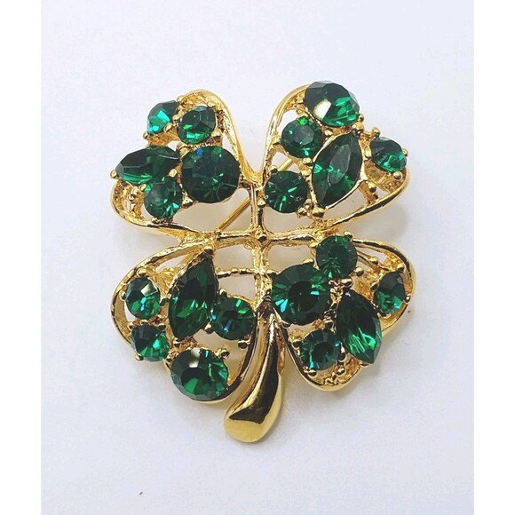 Vintage Gold Tone 4 Leaf Clover Pin Brooch Signed JC Green Rhinestones 1.25" - Picture 1 of 6